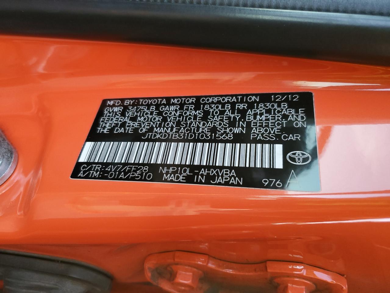 2013 Toyota Prius C VIN: JTDKDTB31D1031568 Lot: 90356645