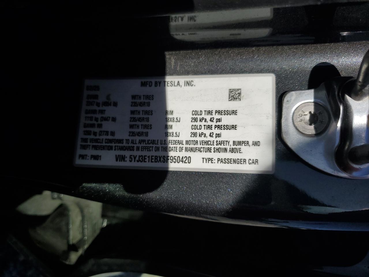 2025 Tesla Model 3 VIN: 5YJ3E1EBXSF950420 Lot: 92290625