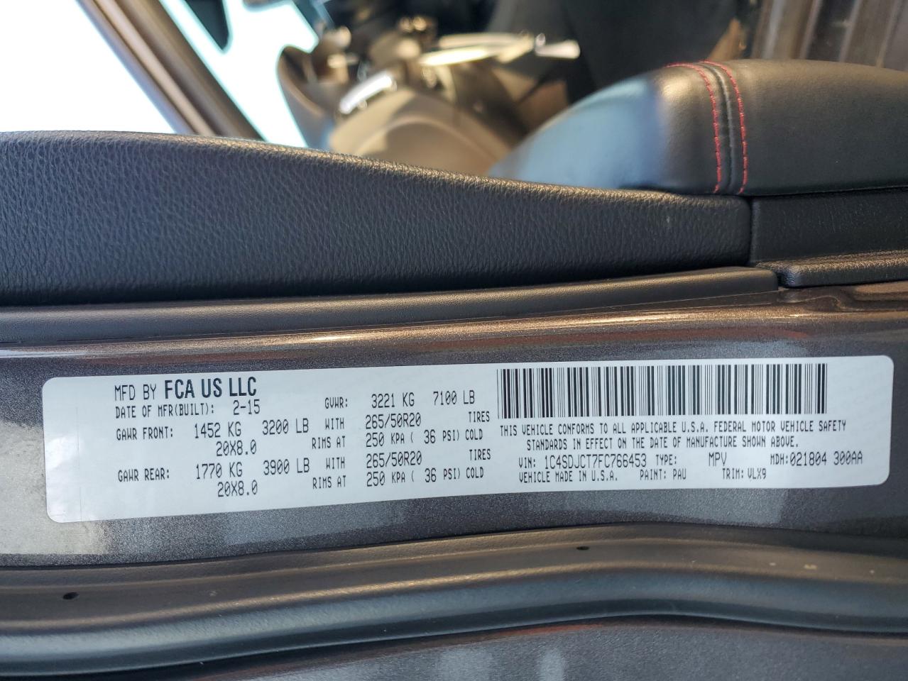 2015 Dodge Durango R/T VIN: 1C4SDJCT7FC766453 Lot: 92484465