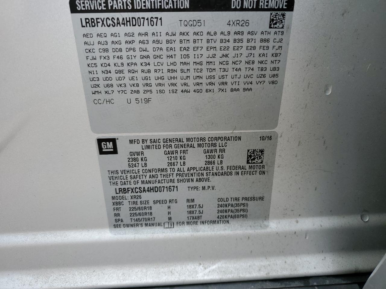 2017 Buick Envision Preferred VIN: LRBFXCSA4HD071671 Lot: 92243565