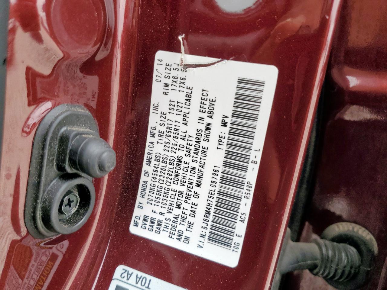 2014 Honda Cr-V Exl VIN: 5J6RM4H75EL097961 Lot: 93379965