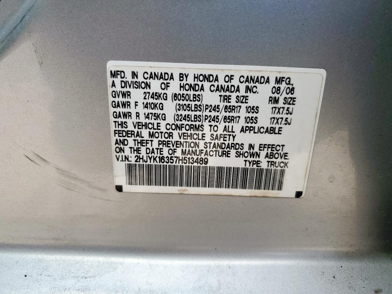 2007 Honda Ridgeline Rtx VIN: 2HJYK16357H513489 Lot: 91872695