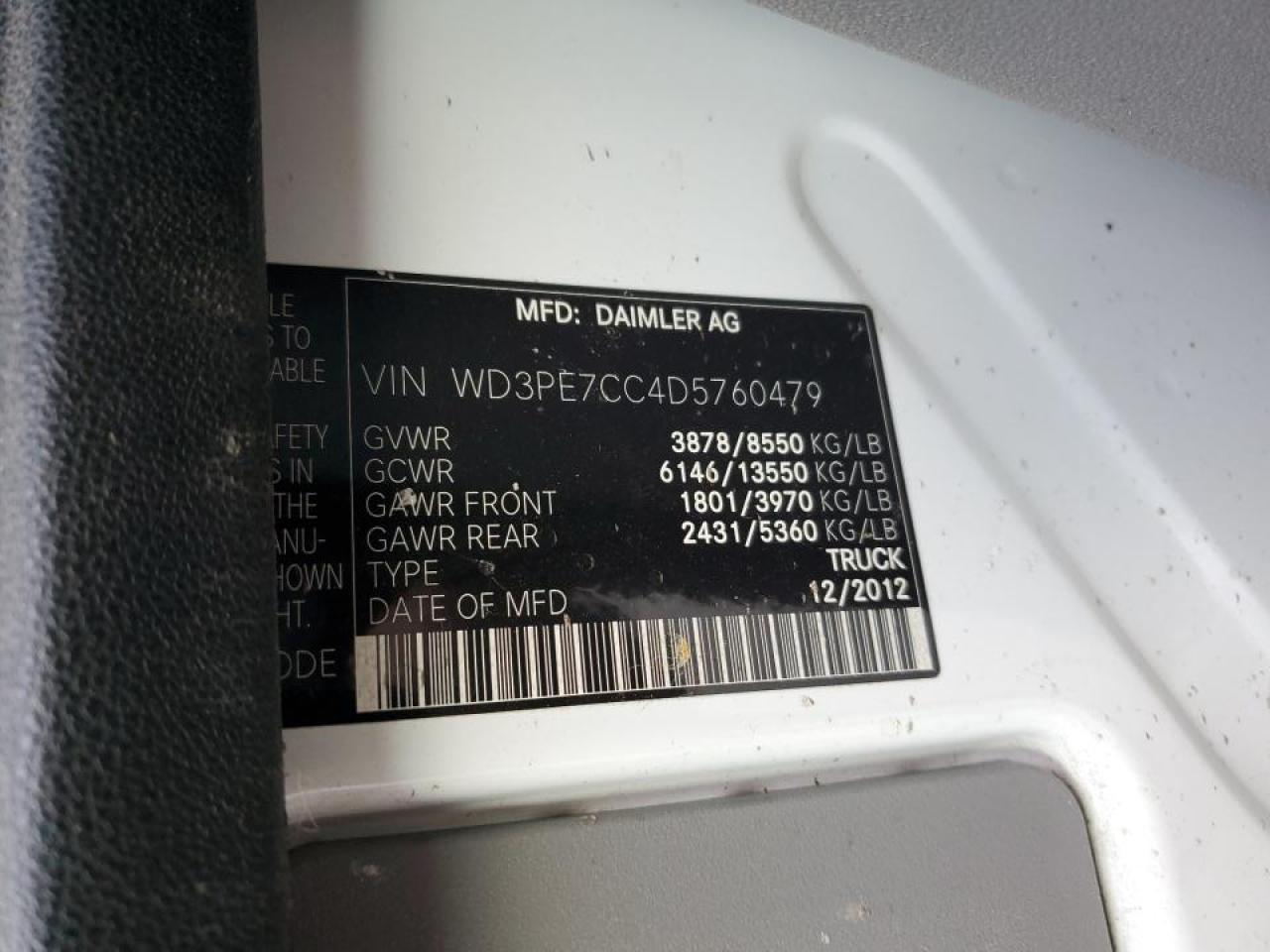 2013 Mercedes Benz Sprinter Delivery Van VIN: WD3PE7CC4D5760479 Lot: 91032305