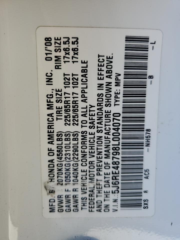 2008 Honda Cr-V Exl VIN: 5J6RE48798L004070 Lot: 92244295