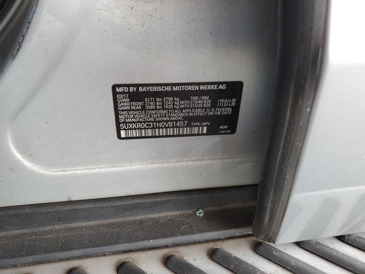 2017 BMW X5 xDrive35I VIN: 5UXKR0C31H0V81457 Lot: 85430935