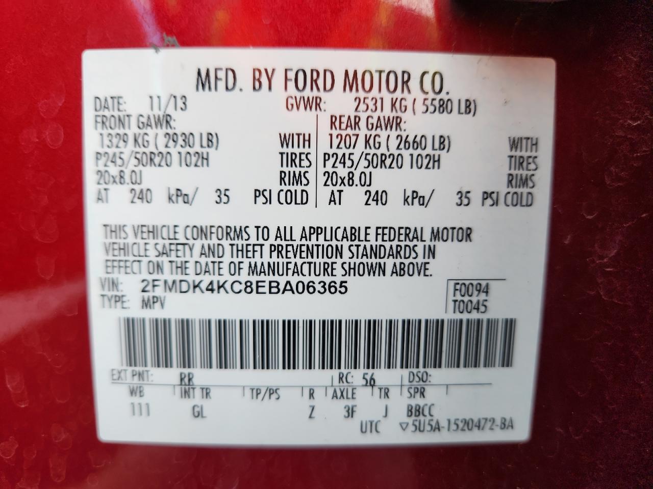 2014 Ford Edge Limited VIN: 2FMDK4KC8EBA06365 Lot: 91904765