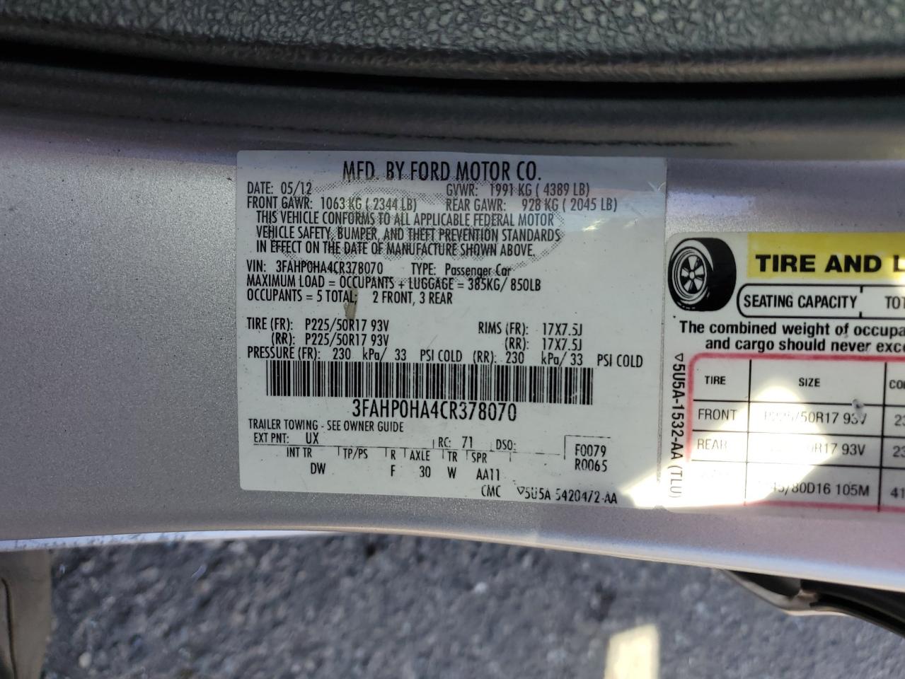 2012 Ford Fusion Se VIN: 3FAHP0HA4CR378070 Lot: 92070565