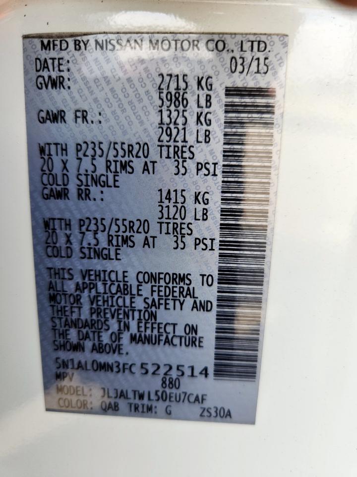 2015 Infiniti Qx60 VIN: 5N1AL0MN3FC522514 Lot: 93375415