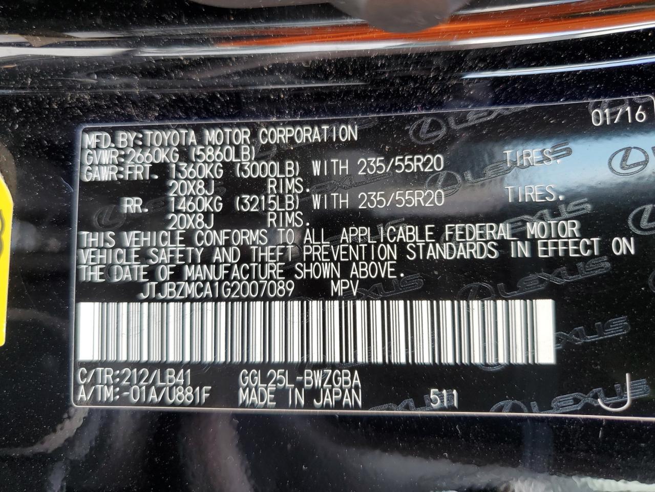 2016 Lexus Rx 350 VIN: JTJBZMCA1G2007089 Lot: 93324685