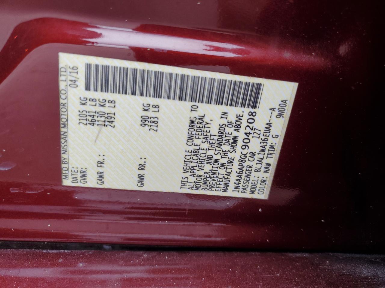 2016 Nissan Maxima 3.5S VIN: 1N4AA6AP8GC904208 Lot: 93331815