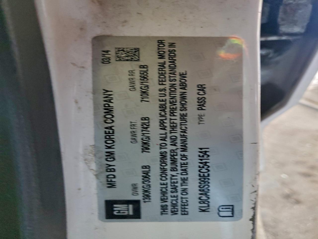 2014 Chevrolet Spark Ls VIN: KL8CA6S99EC541541 Lot: 94301775