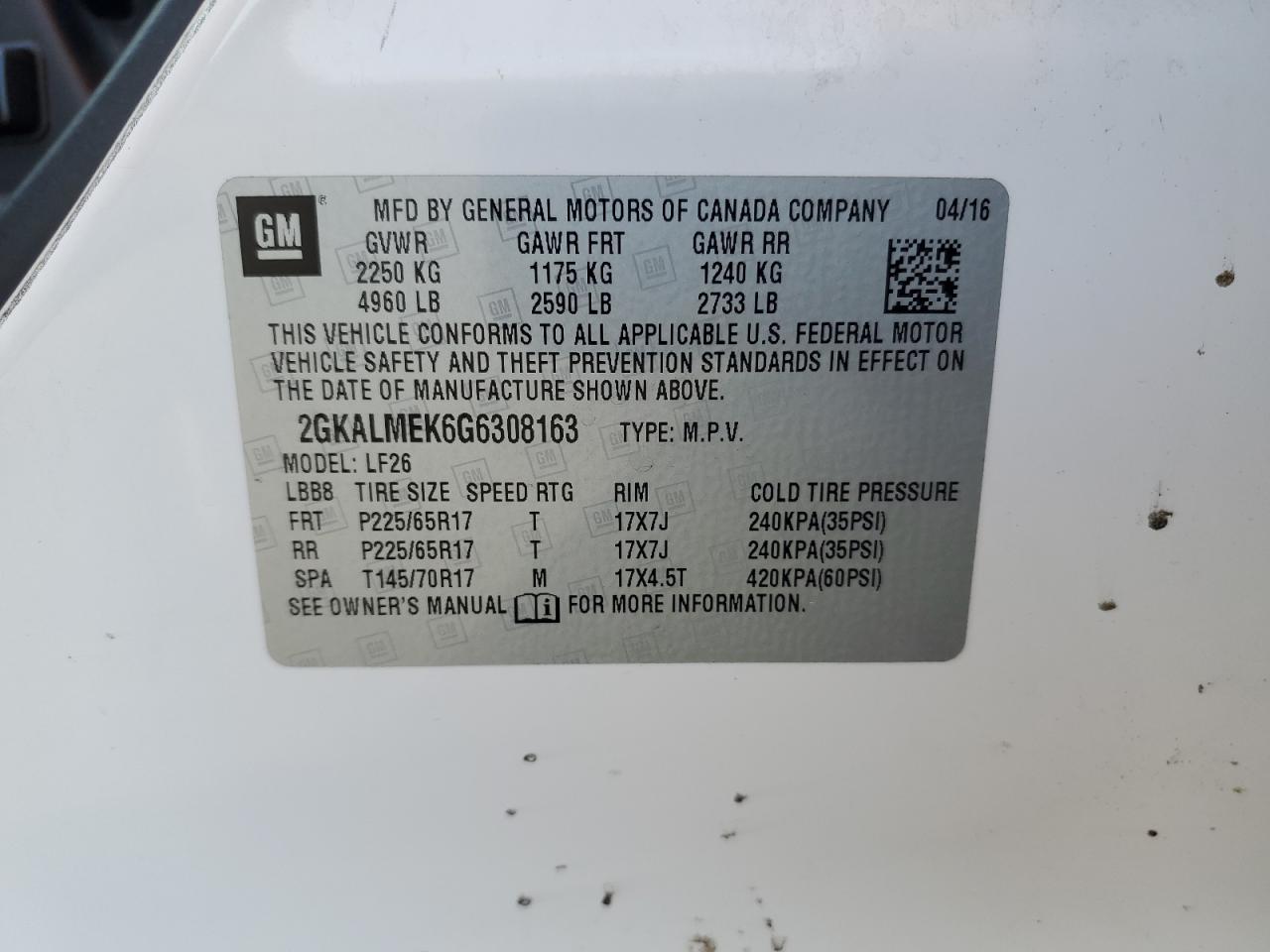 2016 GMC Terrain Sle VIN: 2GKALMEK6G6308163 Lot: 91818405