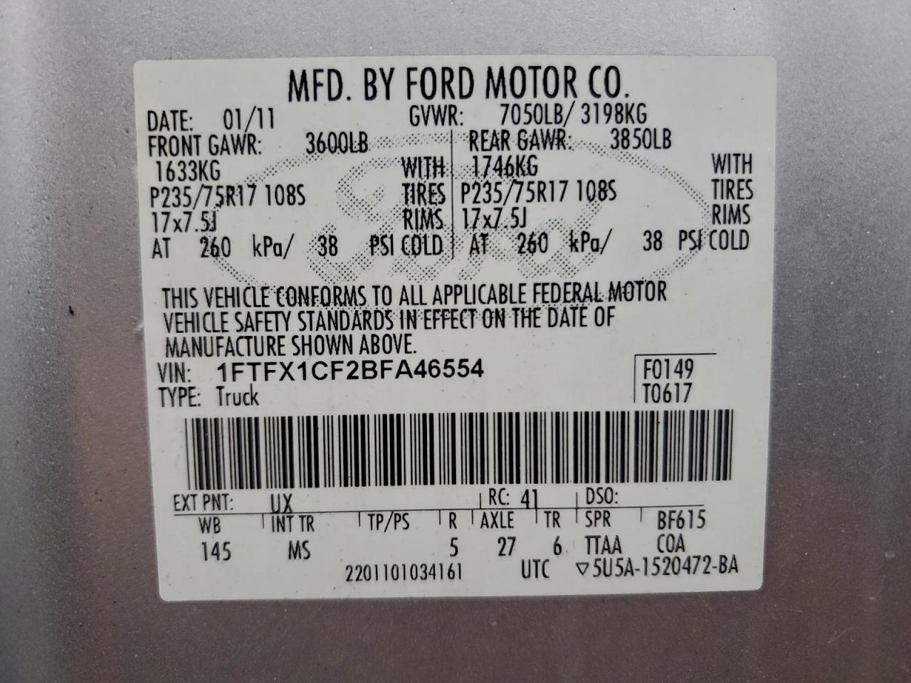 2011 Ford F150 Super Cab VIN: 1FTFX1CF2BFA46554 Lot: 94169955