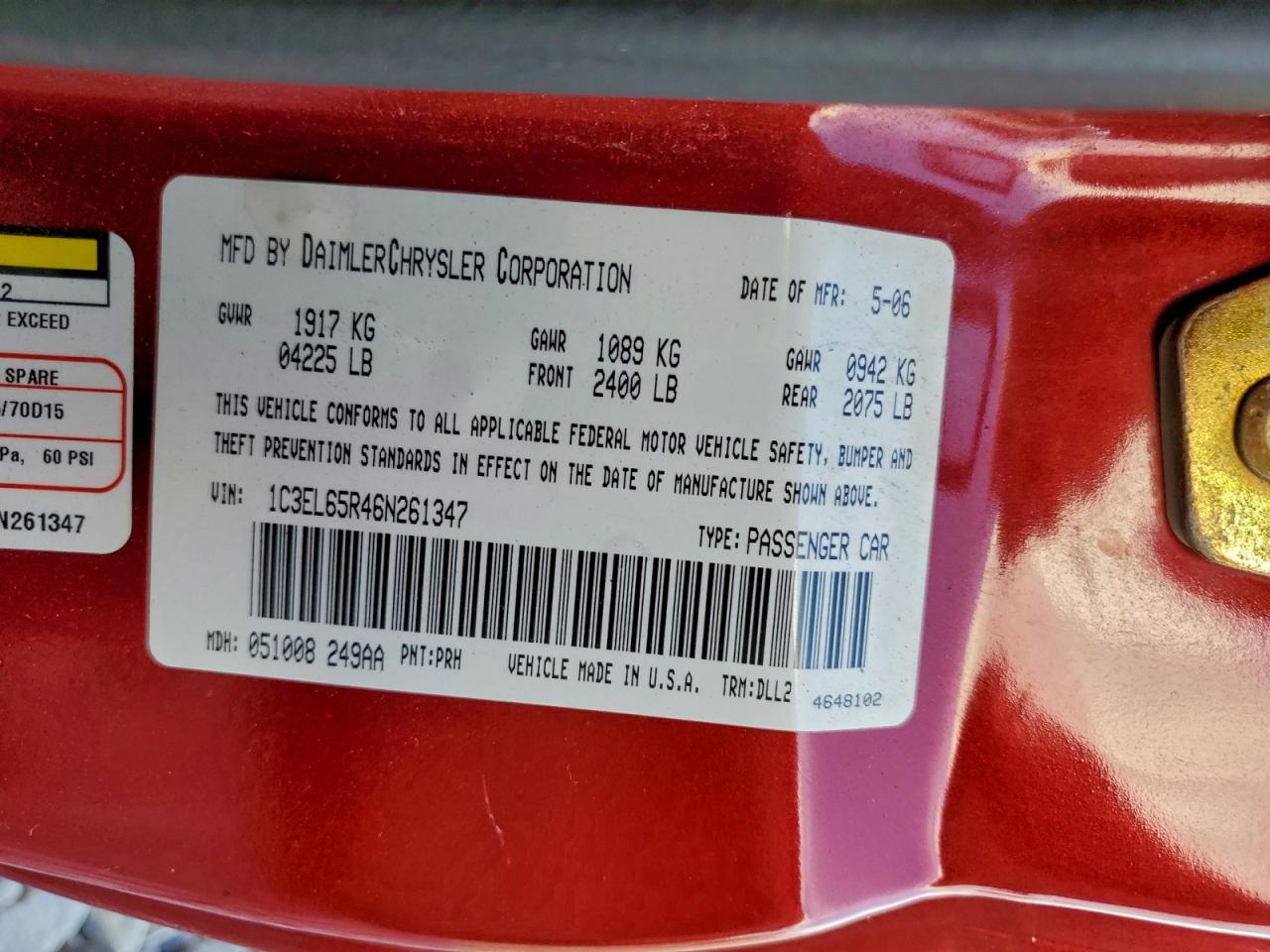 2006 Chrysler Sebring Limited VIN: 1C3EL65R46N261347 Lot: 94269655