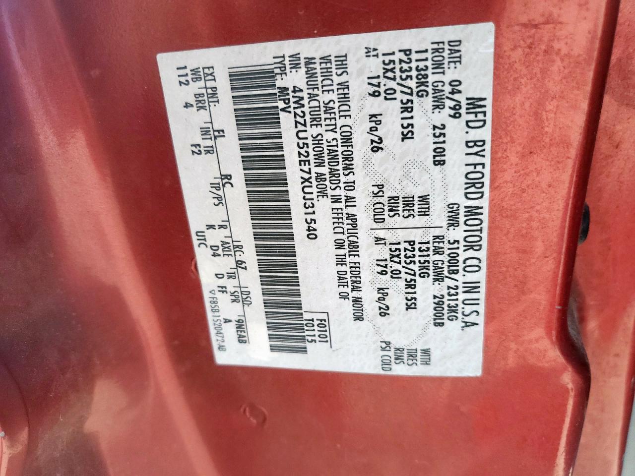 1999 Mercury Mountaineer VIN: 4M2ZU52E7XUJ31540 Lot: 92309455