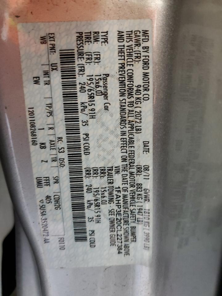 2012 Ford Focus S VIN: 1FAHP3E20CL227384 Lot: 92598715