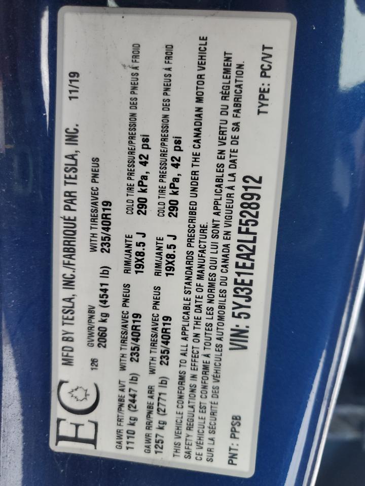 2020 Tesla Model 3 VIN: 5YJ3E1EA2LF528912 Lot: 92015935