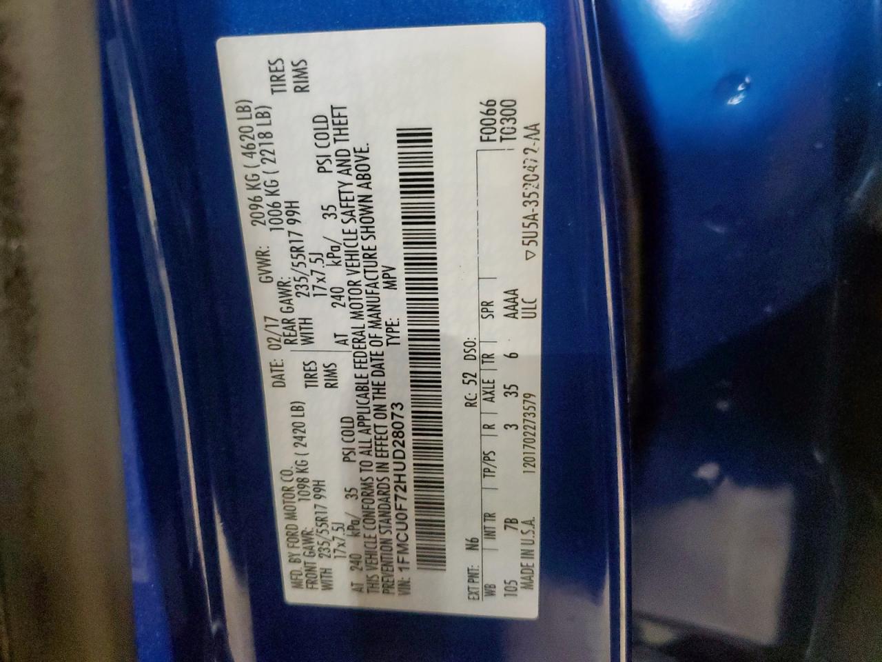 2017 Ford Escape S VIN: 1FMCU0F72HUD28073 Lot: 93272395