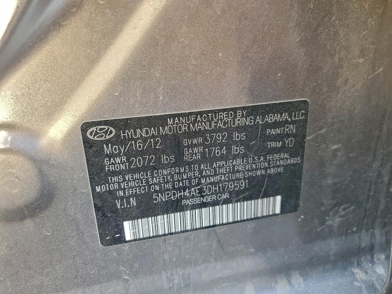 2013 Hyundai Elantra Gls VIN: 5NPDH4AE3DH179591 Lot: 94654975