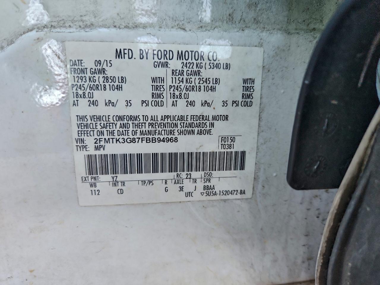 2015 Ford Edge Se VIN: 2FMTK3G87FBB94968 Lot: 94740885