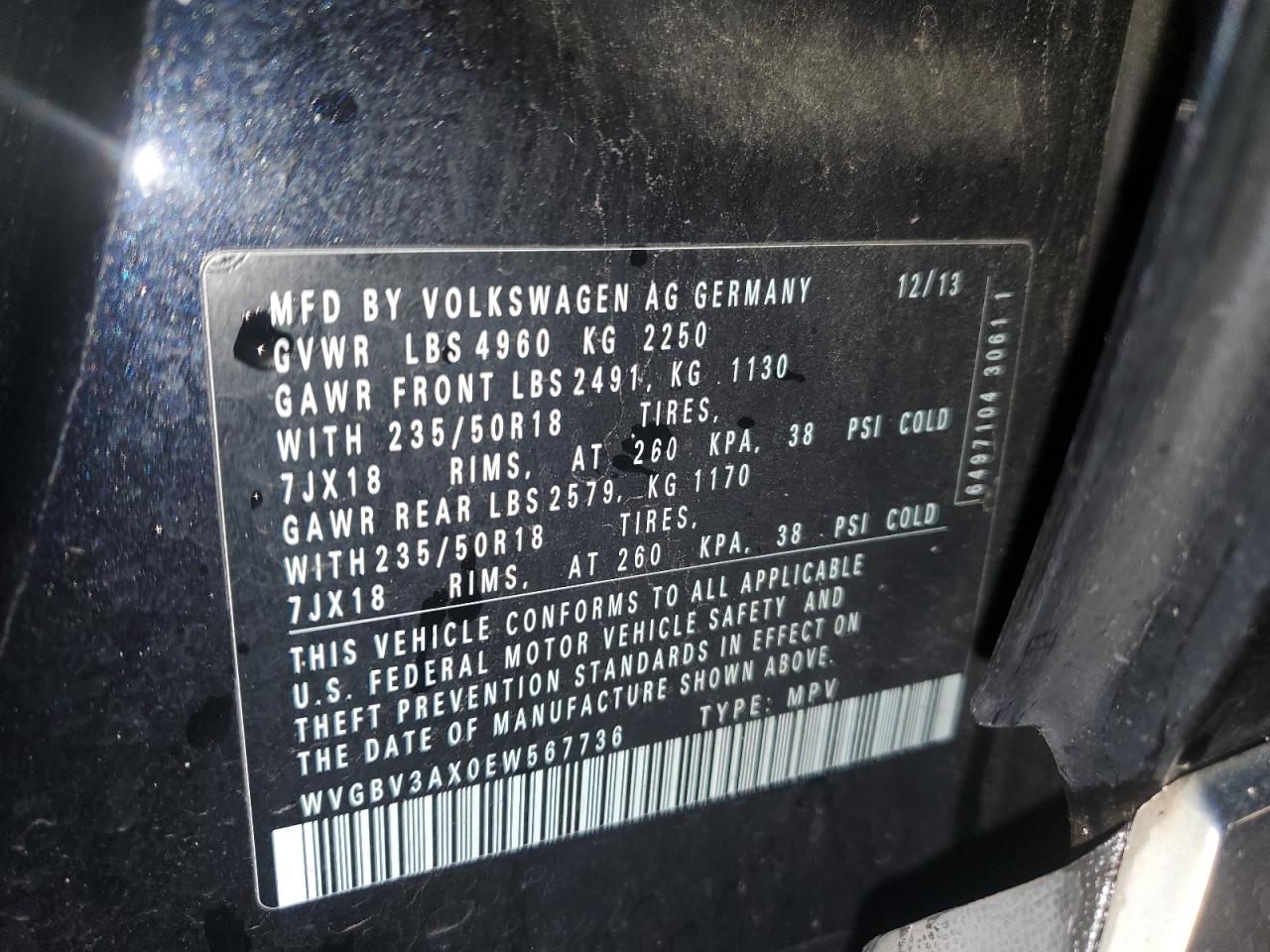 2014 Volkswagen Tiguan S VIN: WVGBV3AX0EW567736 Lot: 93386955