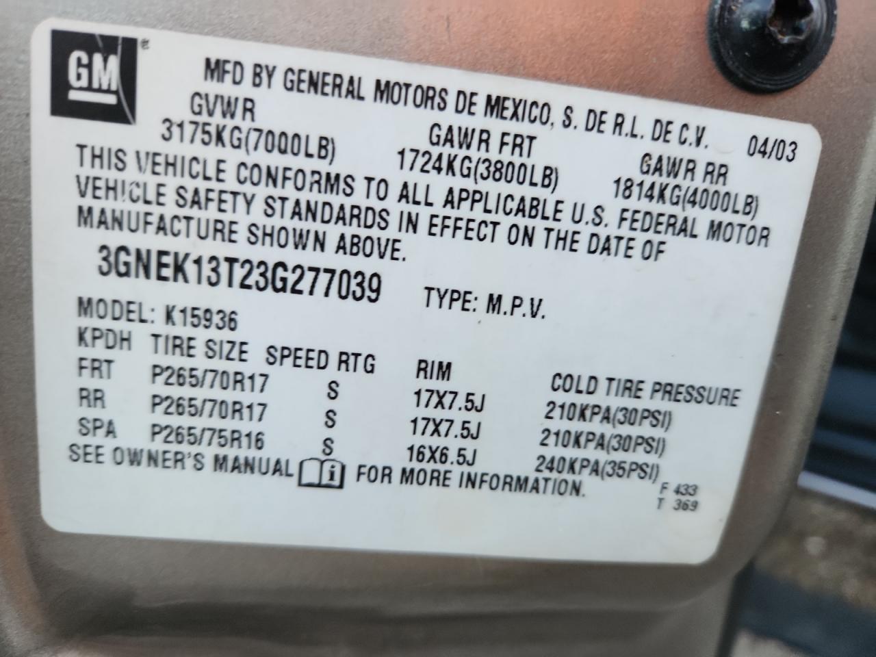 2003 Chevrolet Avalanche K1500 VIN: 3GNEK13T23G277039 Lot: 91743355