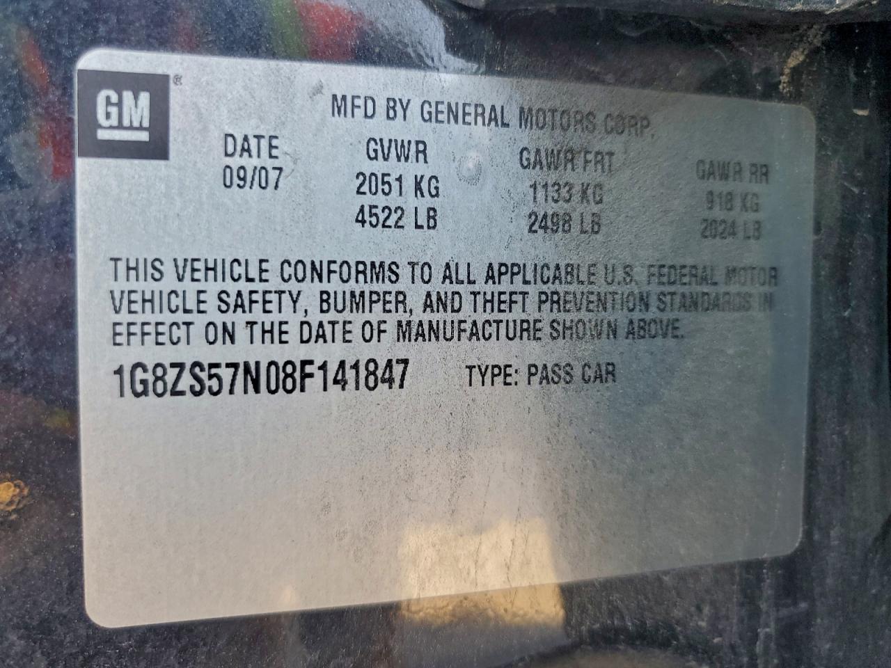 2008 Saturn Aura Xe VIN: 1G8ZS57N08F141847 Lot: 94343825