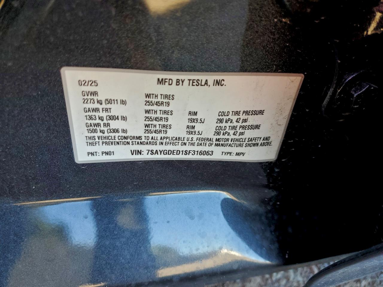 2025 Tesla Model Y VIN: 7SAYGDED1SF316063 Lot: 94386245