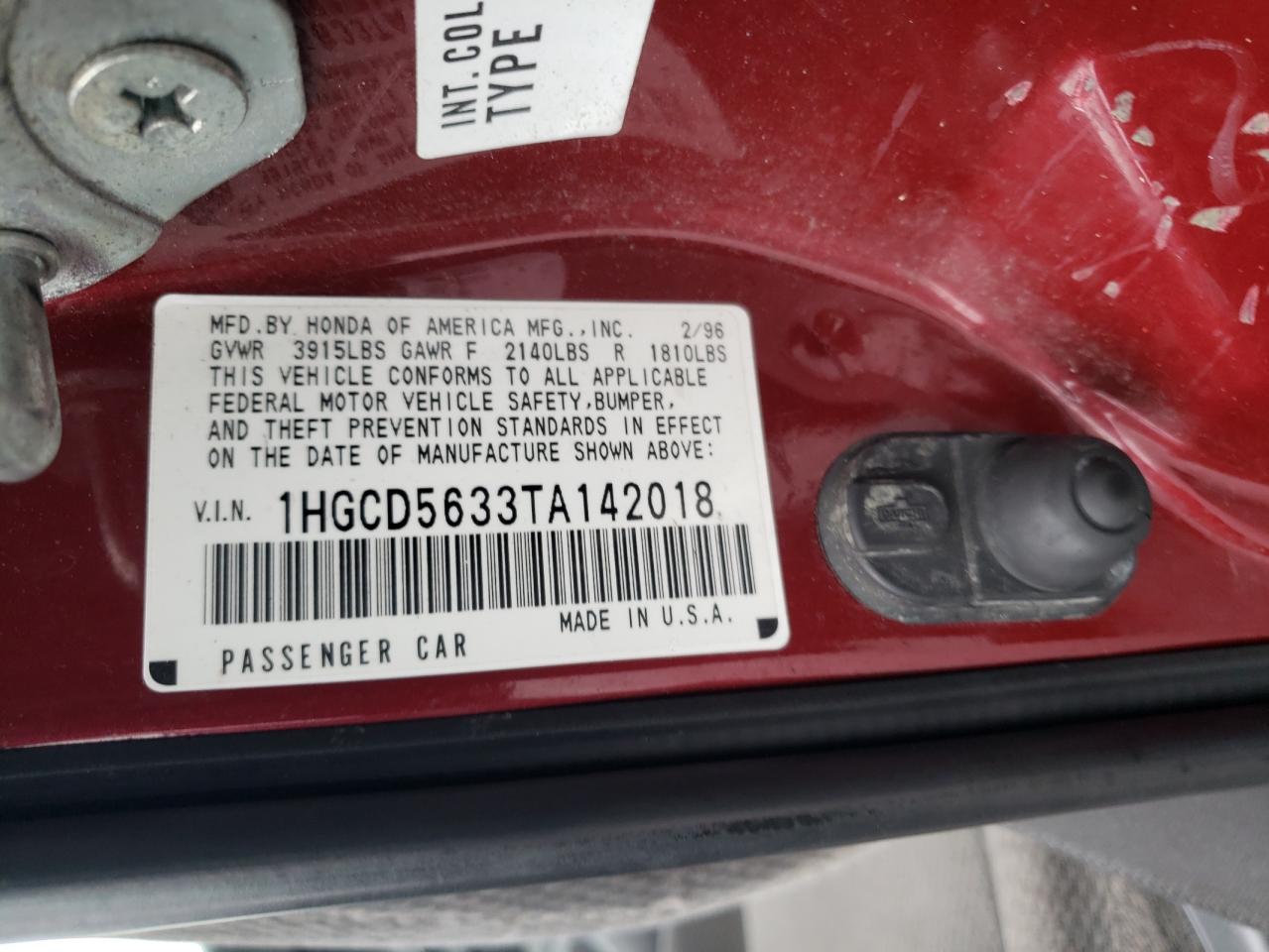 1996 Honda Accord Lx VIN: 1HGCD5633TA142018 Lot: 92061125