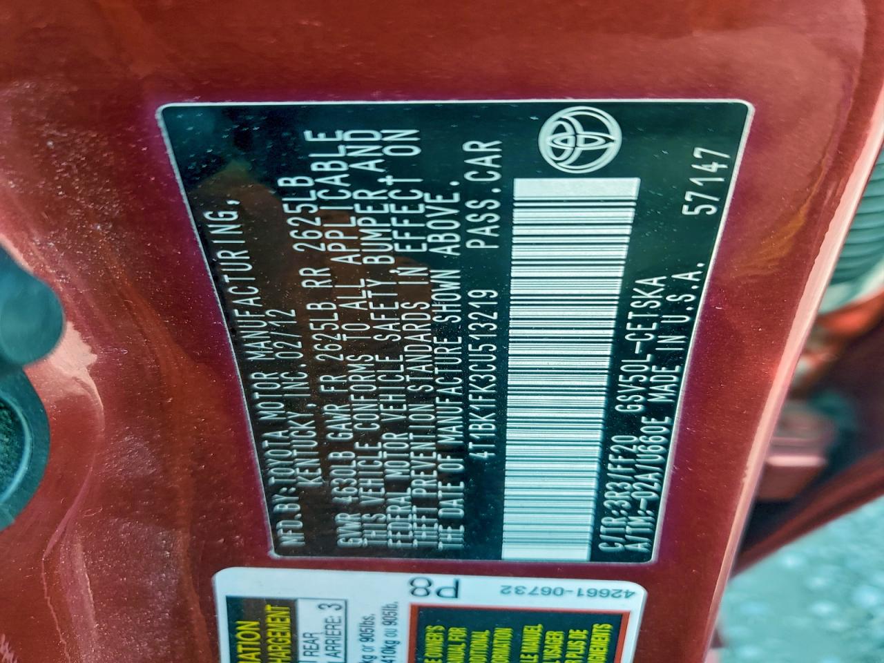 2012 Toyota Camry Se VIN: 4T1BK1FK3CU513219 Lot: 91767145