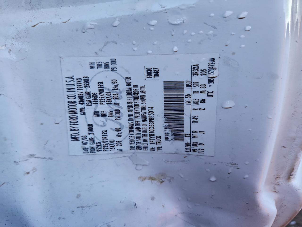 2003 Ford Ranger VIN: 1FTYR10D53PB85014 Lot: 94678525