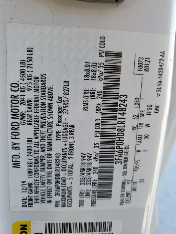 2020 Ford Fusion Se VIN: 3FA6P0HD8LR148243 Lot: 91203015