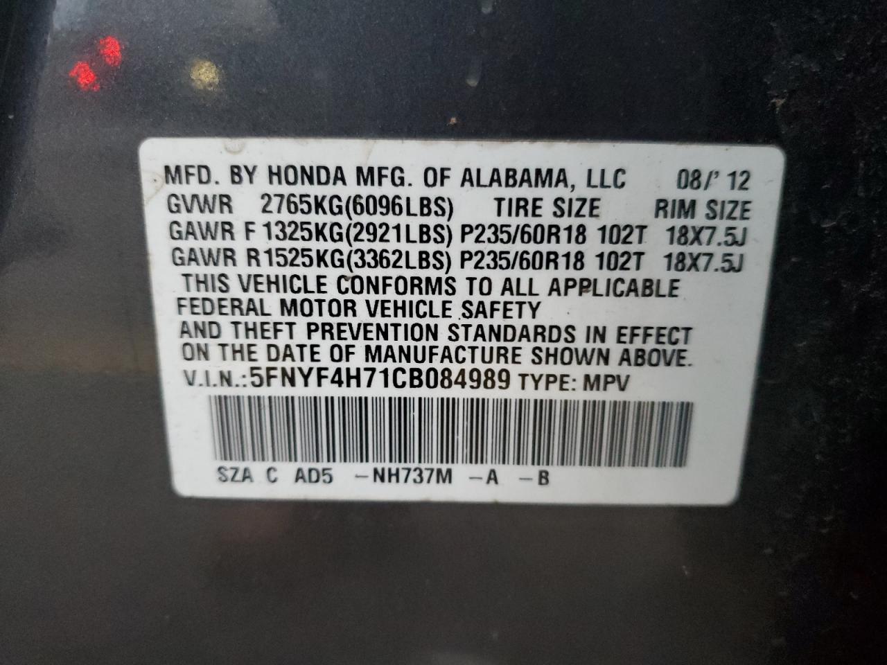 2012 Honda Pilot Exln VIN: 5FNYF4H71CB084989 Lot: 92584295