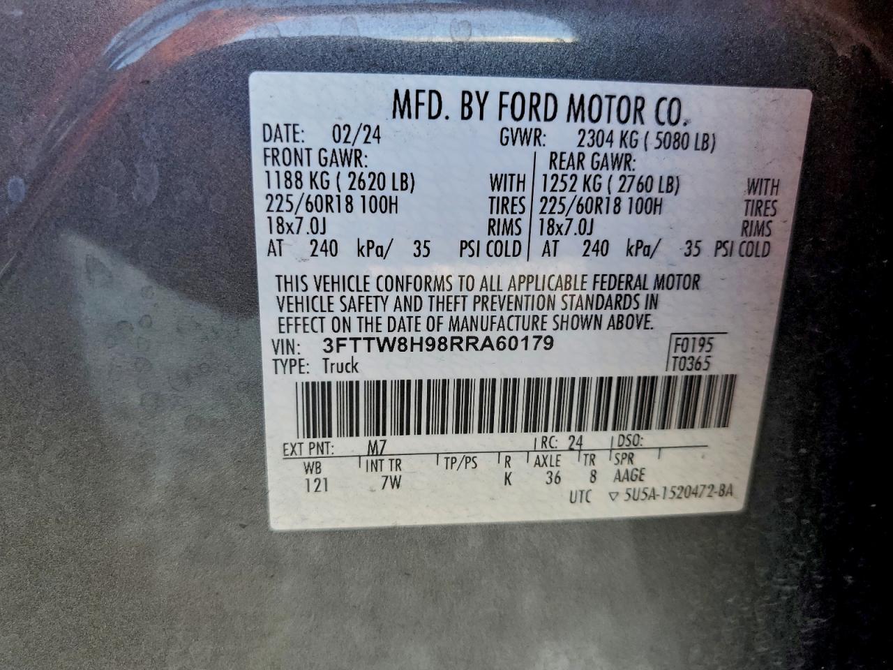 2024 Ford Maverick Xlt VIN: 3FTTW8H98RRA60179 Lot: 94051995