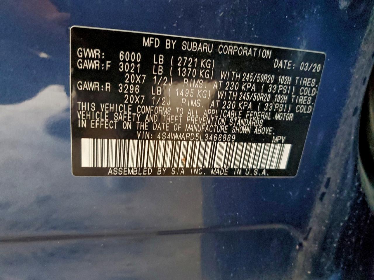 2020 Subaru Ascent Touring VIN: 4S4WMARD5L3466869 Lot: 93492015