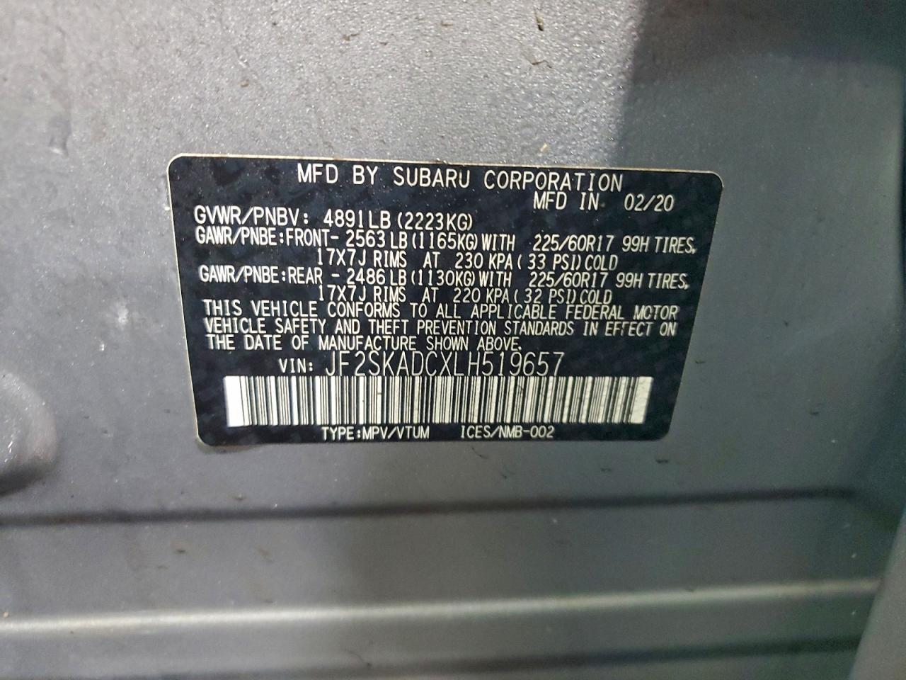 2020 Subaru Forester VIN: JF2SKADCXLH519657 Lot: 93999085