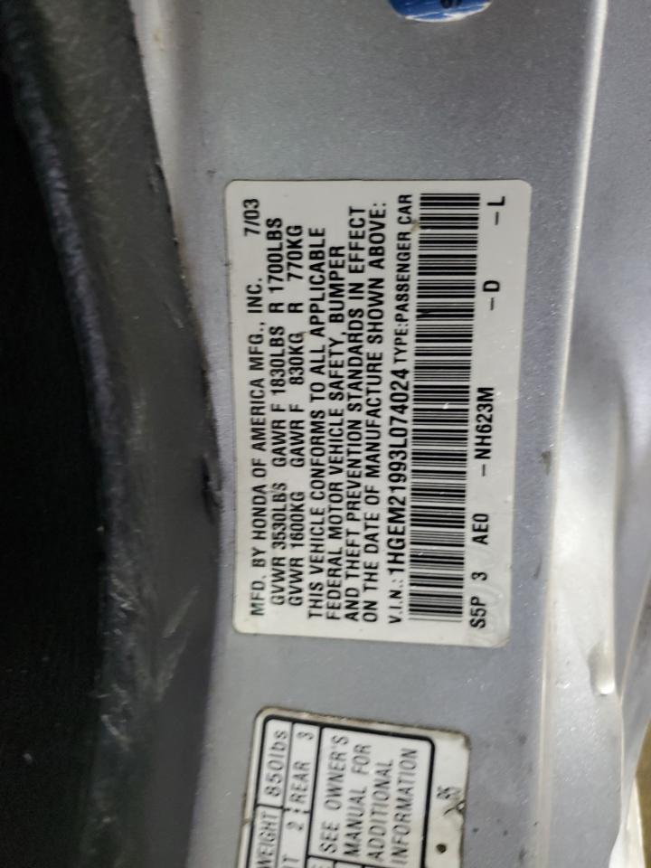 2003 Honda Civic Ex VIN: 1HGEM21993L074024 Lot: 93957405