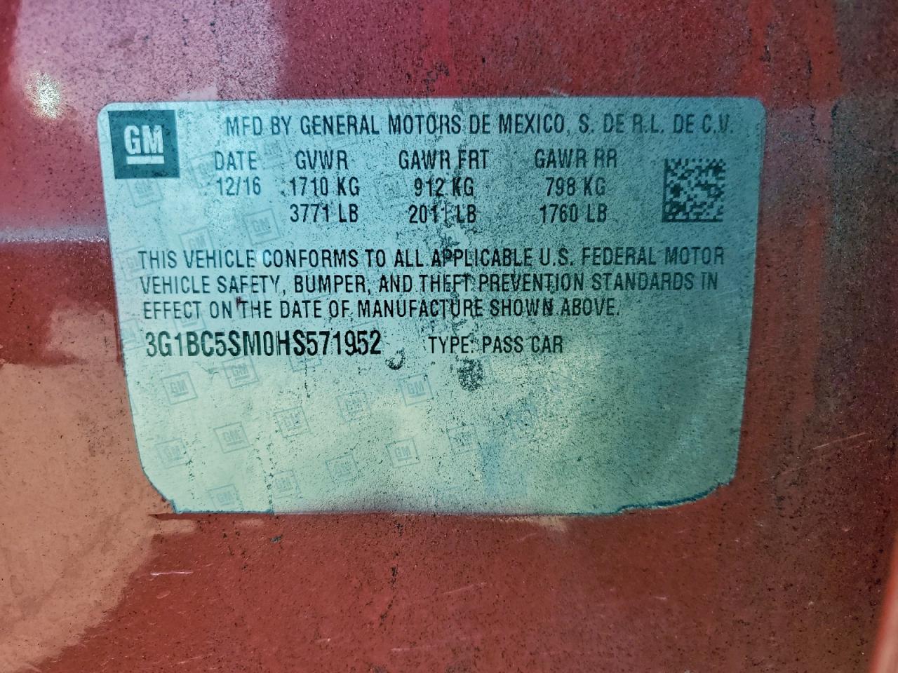 2017 Chevrolet Cruze Ls VIN: 3G1BC5SM0HS571952 Lot: 92736705