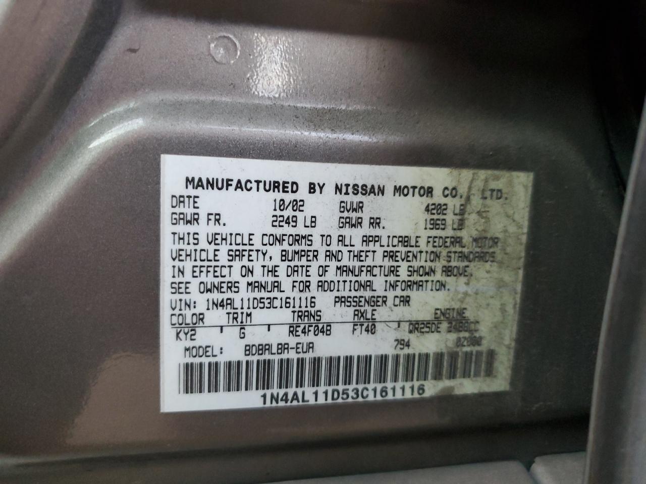 2003 Nissan Altima Base VIN: 1N4AL11D53C161116 Lot: 92537175