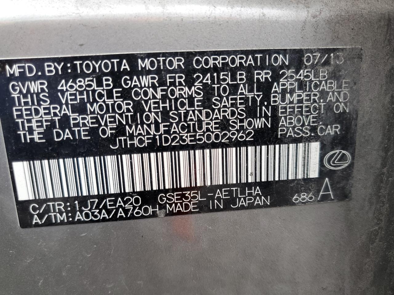 2014 Lexus Is 250 VIN: JTHCF1D23E5002962 Lot: 90548535