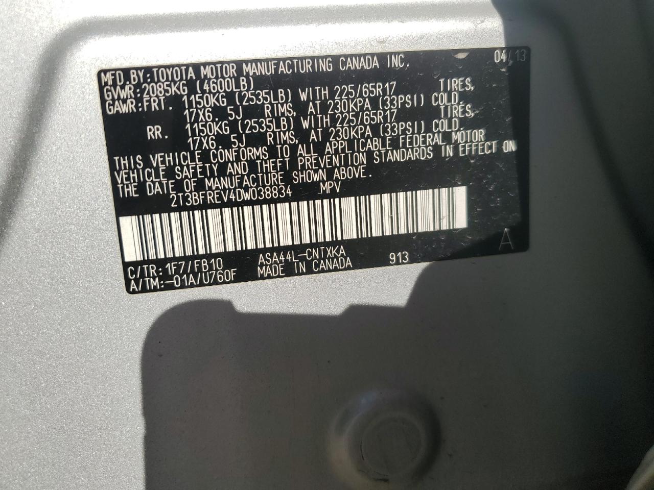 2013 Toyota Rav4 Le VIN: 2T3BFREV4DW038834 Lot: 92896205