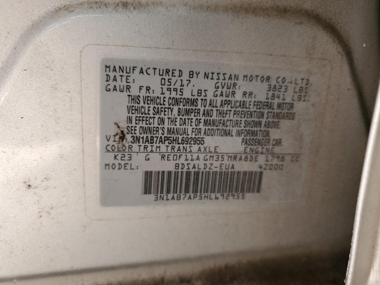 2017 Nissan Sentra S VIN: 3N1AB7AP5HL692955 Lot: 91901995