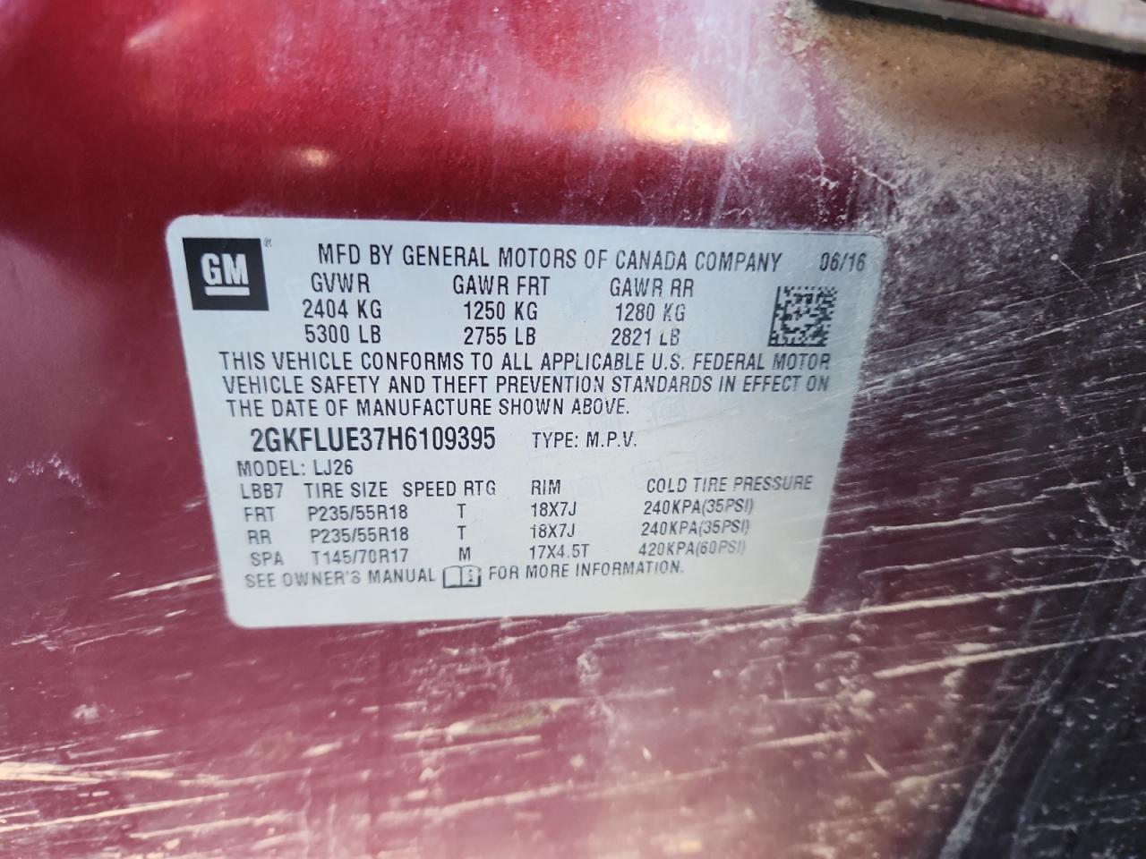 2017 GMC Terrain Slt VIN: 2GKFLUE37H6109395 Lot: 90782265