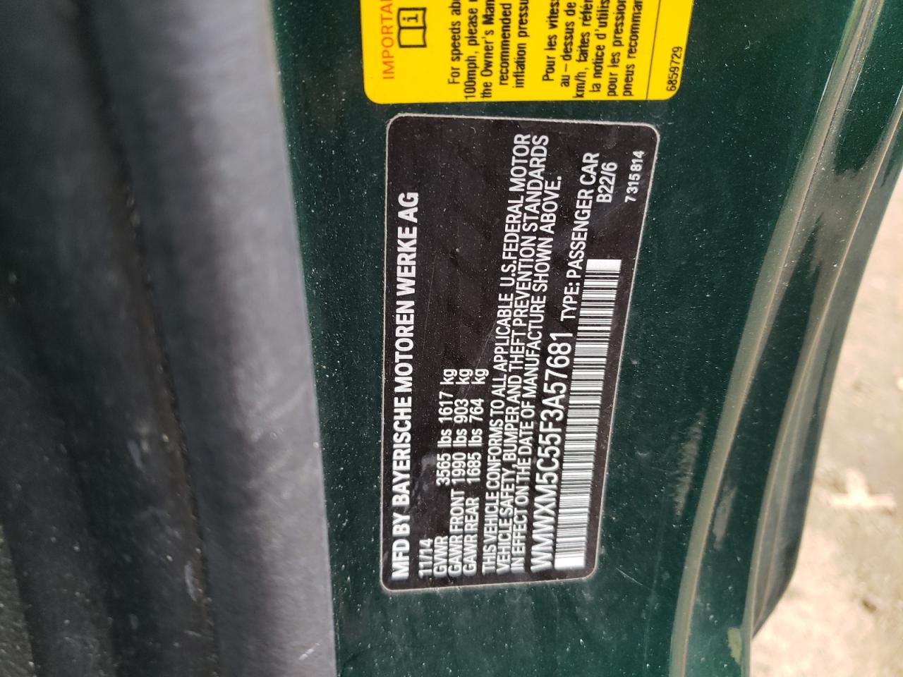 2015 Mini Cooper VIN: WMWXM5C55F3A57681 Lot: 93307855