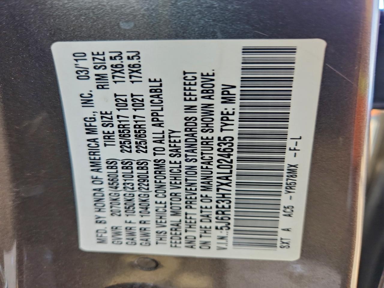 2010 Honda Cr-V Exl VIN: 5J6RE3H7XAL024635 Lot: 92751375