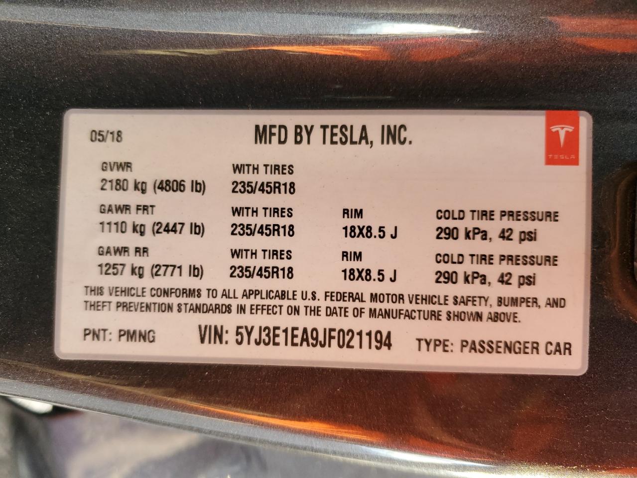 2018 Tesla Model 3 VIN: 5YJ3E1EA9JF021194 Lot: 93073835