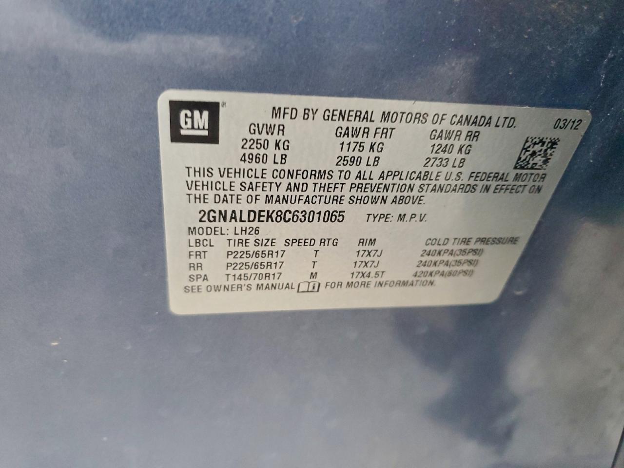 2012 Chevrolet Equinox Lt VIN: 2GNALDEK8C6301065 Lot: 94535895