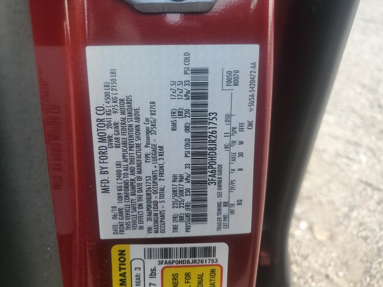 2018 Ford Fusion Se VIN: 3FA6P0HD8JR261753 Lot: 92663645