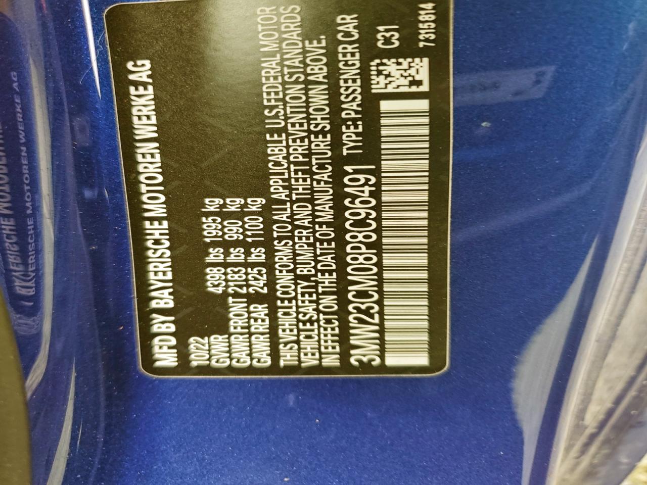 2023 BMW 230I VIN: 3MW23CM08P8C96491 Lot: 94021285