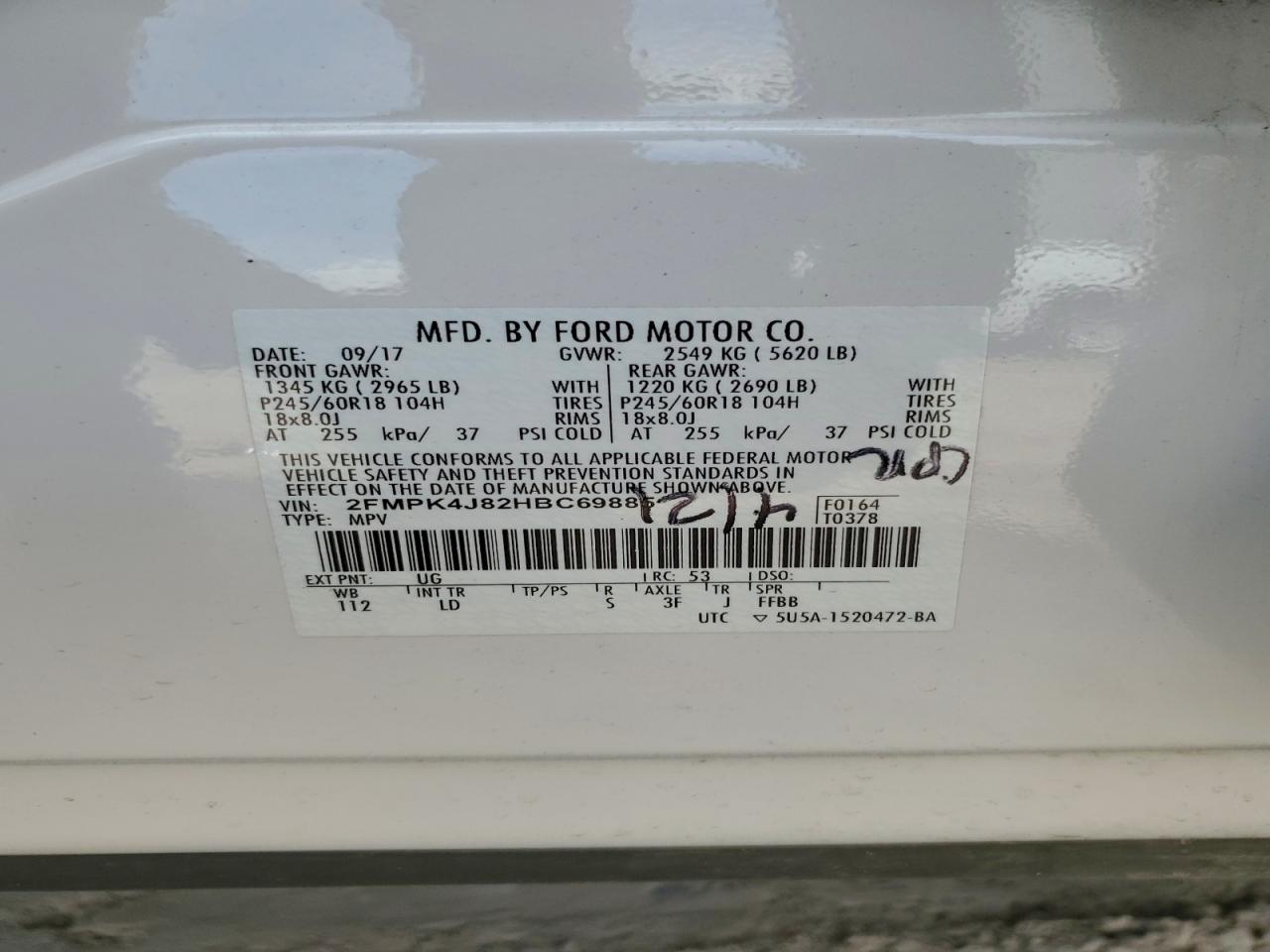 2017 Ford Edge Sel VIN: 2FMPK4J82HBC69885 Lot: 94030935